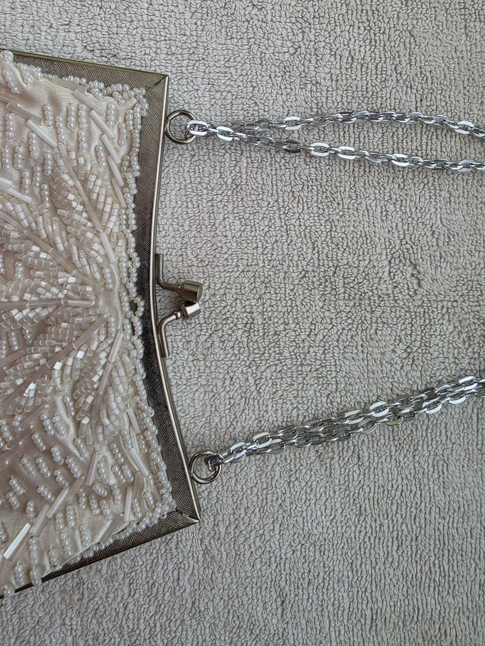 Vintage Ivory Beaded Evening Clutch with Silver Chain